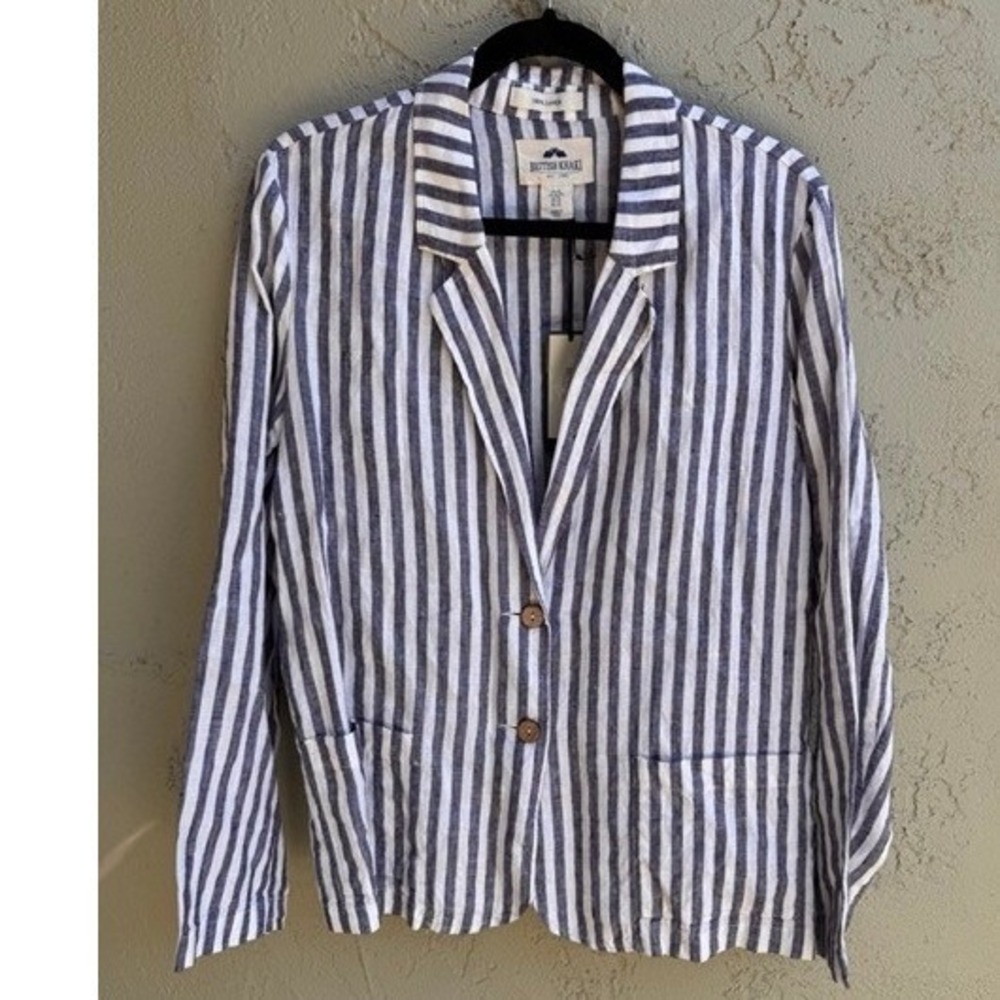 British Khaki NEW Womens Blue White Striped Linen Blazer XL Nautical Coastal